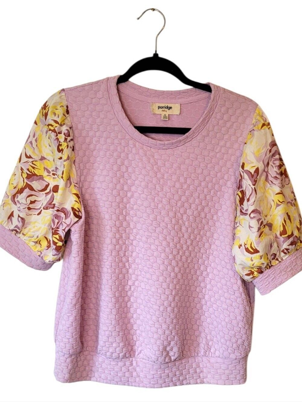 Porridge Anthro Lilac Quilted Top with Floral Puff Sleeves Size M